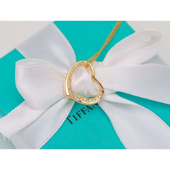 Tiffany & Co. Elsa Peretti 18K Gold Diamond Open Heart Necklace 29 Diamonds 16" - Picture 2 of 9